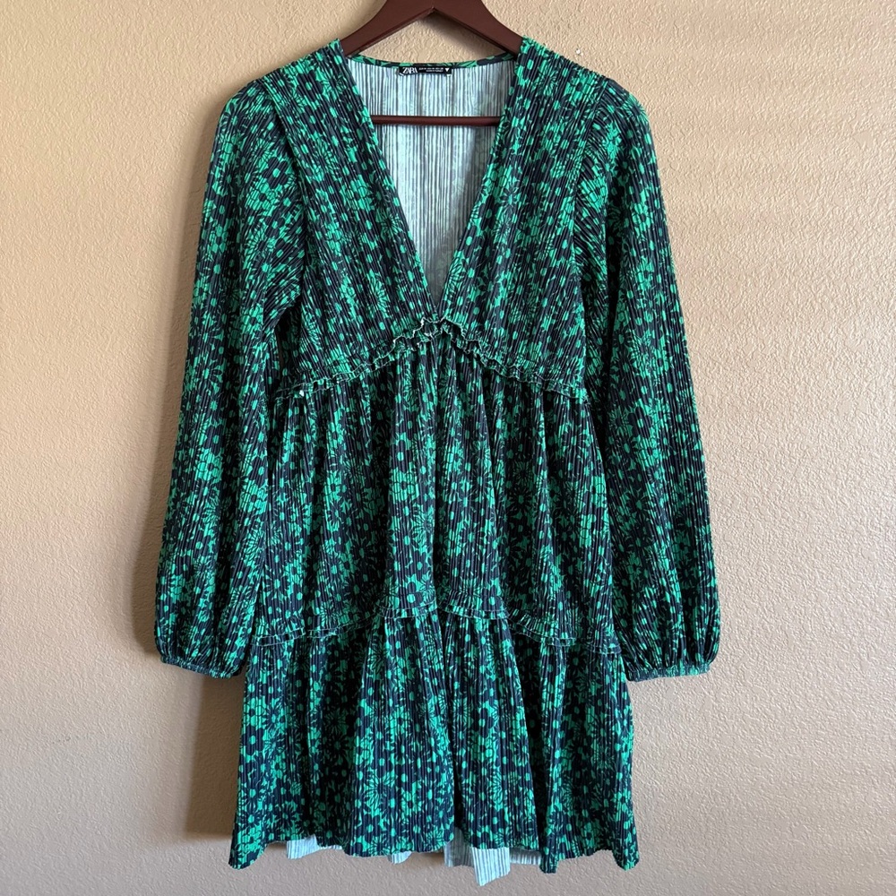 Zara Green and Dark Blue Long Sleeve Mini Dress Size Medium - Picture 2 of 10